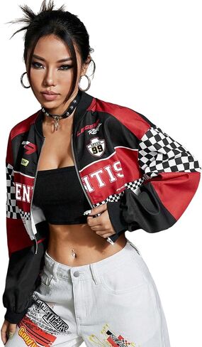 GORGLITTER Women's Racing Jacket Zip Up Cropped Varsity Jacket Color Block Letter Graphic Motorcycle Biker Coats in Saudi Arabia