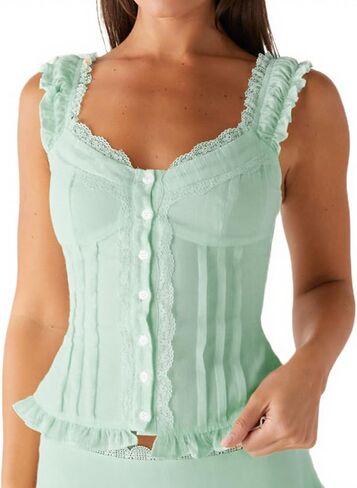 Women Solid Color Lace Tank Top Cute Y2K Lace Crop Vest Casual Square Neck Open Front Cami Top Summer Streetwear in Saudi Arabia