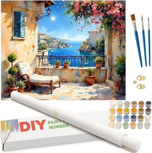 Seascape Paint by Numbers Kit for Adults - DIY Ocean Balcony with Lounge Chair and Potted Flowers on Canvas 16x20 Inches, Acrylic Paint Set, Suitable for Beginners, for Home Decoration or Gifts in Saudi Arabia