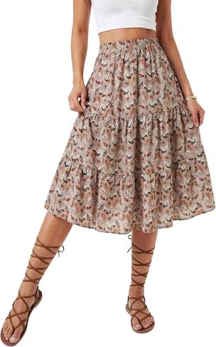 LYANER Women's Boho Print Tiered Ruffle A Line Ruched Elastic Waist with Pockets Midi Skirt in Saudi Arabia