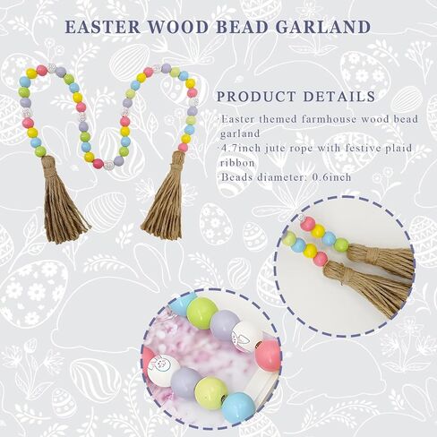 Easter Wood Bead Garland, Spring Bead Garland Decoration with Jute Rope Plaid Tassel Farmhouse Rustic Garlands for Tiered Tray Decor Easter Party Holiday Wall Hanging Basket Pink Rabbit Tag Décor, 18" in Saudi Arabia