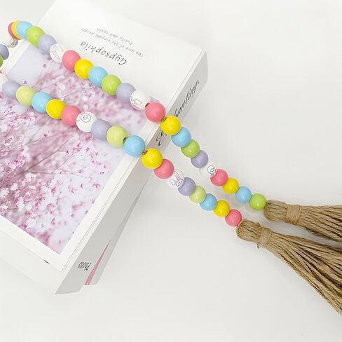 Easter Wood Bead Garland, Spring Bead Garland Decoration with Jute Rope Plaid Tassel Farmhouse Rustic Garlands for Tiered Tray Decor Easter Party Holiday Wall Hanging Basket Pink Rabbit Tag Décor, 18" in Saudi Arabia