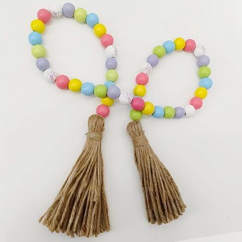 Easter Wood Bead Garland, Spring Bead Garland Decoration with Jute Rope Plaid Tassel Farmhouse Rustic Garlands for Tiered Tray Decor Easter Party Holiday Wall Hanging Basket Pink Rabbit Tag Décor, 18" in Saudi Arabia