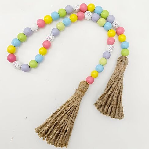 Easter Wood Bead Garland, Spring Bead Garland Decoration with Jute Rope Plaid Tassel Farmhouse Rustic Garlands for Tiered Tray Decor Easter Party Holiday Wall Hanging Basket Pink Rabbit Tag Décor, 18" in Saudi Arabia