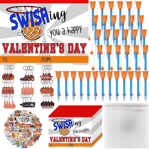 30 Set Valentine's Day Gifts Bulk Basketball Party Favors Basketball Hoop Pens Set Keychains Stickers Card Classroom Rewards Prizes Party Valentine's Present from Teacher in Saudi Arabia