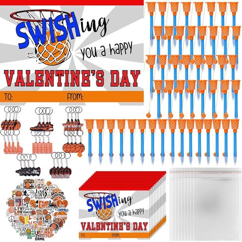 30 Set Valentine's Day Gifts Bulk Basketball Party Favors Basketball Hoop Pens Set Keychains Stickers Card Classroom Rewards Prizes Party Valentine's Present from Teacher in Saudi Arabia