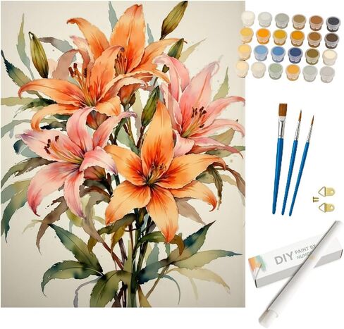 Floral Art Paint by Numbers Kit for Adults - DIY Watercolor Orange Lily Bouquet Painting on Canvas 16x20 Inches, Acrylic Paint Set, Suitable for Beginners, Art for Home Decoration or Gifts in Saudi Arabia