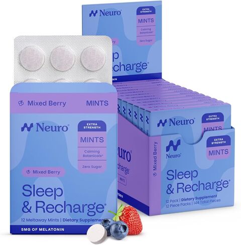 نيورو ميلاتونين 5 ملغ نعناع للنوم وإعادة الشحن (144 قطعة) - نعناع الميلاتونين الخالي من السكر سريع الذوبان مع بلسم الليمون والبابونج لنوم أفضل - مكمل نوم هادئ للبالغين - نكهة التوت الليلي in Kuwait