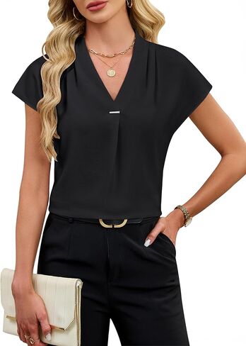 Blooming Jelly Womens Dressy Casual Blouse Business Casual Work Tops Metallic Accent V Neck Shirts Cap Sleeve Pleated Outfit in Saudi Arabia