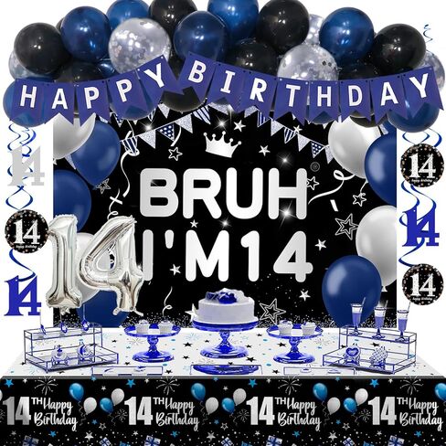 11th Birthday Decorations for Boys & Girls, 54 PCS Blue Black Party Decorations, 11 Year Old Boy Birthday Party Supplie with Banner Backdrop, Hanging Swirls, Tablecloth, Bruh I'm 11 Party Supplies in Saudi Arabia