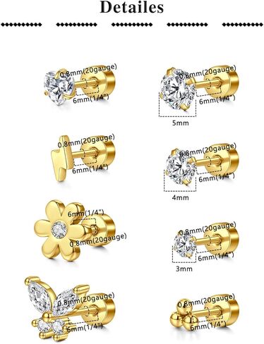 Silver Gold Cartilage Earring Flat Back Earrings Flat Back Stud Earrings Flatback Stud Earrings Helix Tragus Earrings Screw Back Earrings for Women Earrings for Cartilage jewelry in Saudi Arabia