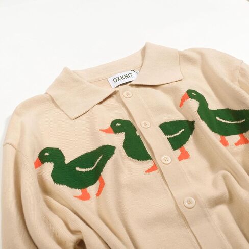 OXKNIT Men’s Knit Long Sleeve Polo Shirts, 1960s Mod Style Retro Duck Pattern Button Down Beige Cardigan Sweater in Saudi Arabia