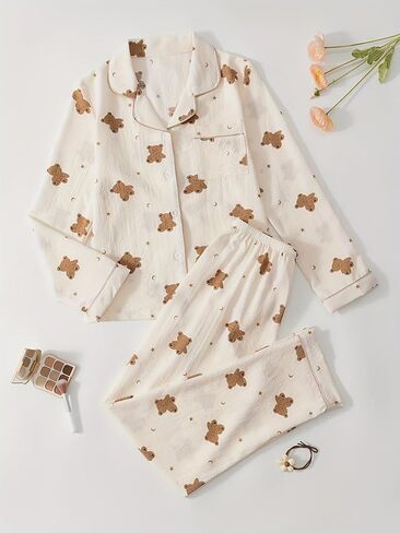 Women's Pajamas Set Soft Comfortable Sleepwear Bear Print Nightwear Long Sleeves in Saudi Arabia