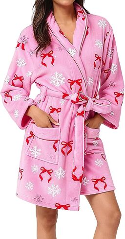 Aonoapll Women Christmas Plush Robe Holiday Graphic Long Sleeve Fuzzy Bathrobe Shawl Collar Warm Lounge Robe with Belt in Saudi Arabia