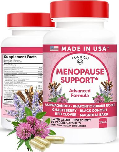 صنعت Lunakai USA مكملات انقطاع الطمث الطبيعية للنساء-13 في 1 في -1 راحة انقطاع الطمث للهبات الساخنة ، والتعرق الليلي ، ودعم النوم والمزاج ، 60ct in Kuwait
