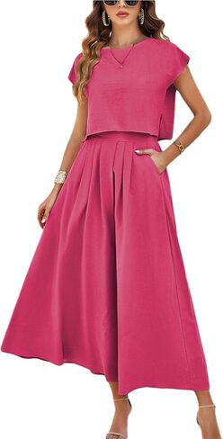 Mingzhu Womens 2 Piece Outfits Skirt Set Summer Casual Cap Sleeve Crop Tops Maxi Dress Sets with Pockets in Saudi Arabia