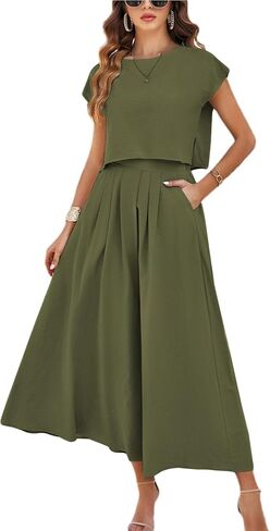 Mingzhu Womens 2 Piece Outfits Skirt Set Summer Casual Cap Sleeve Crop Tops Maxi Dress Sets with Pockets in Saudi Arabia