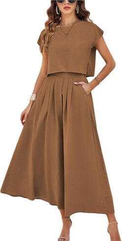 Mingzhu Womens 2 Piece Outfits Skirt Set Summer Casual Cap Sleeve Crop Tops Maxi Dress Sets with Pockets in Saudi Arabia