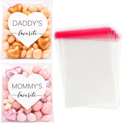 30 Mommy's Favorite & 30 Daddy's Favorite Stickers with 60 Self Sealing Sweet Candy Bags, Waterproof Heart-Shaped Baby Shower Favor Stickers, Adorable Couples Shower Gift Labels in Saudi Arabia