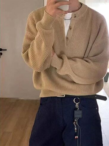 GORGLITTER Men's Sweater Button Henley Crewneck Knitted Casual Fall Trendy Sweater Top in Saudi Arabia