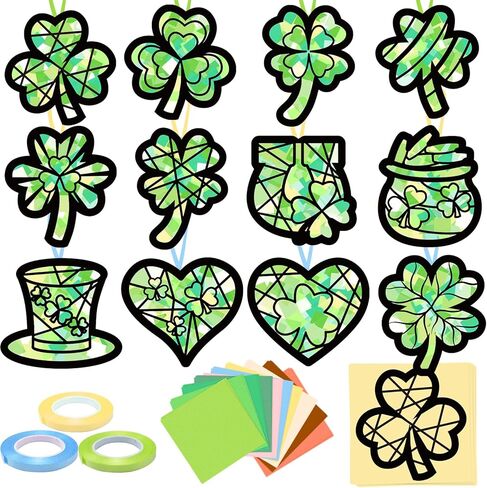 kopooeoe 48 مجموعات عيد القديس باتريك suncatchers الحرفية diy شامروك المناديل الورقية مجموعات الحرف الأيرلندية قبعة حدوة الحصان العملات الذهبية البرسيم شنقا الزينة لنافذة المنزل الزجاج الملون تأثير اللوازم الفنية in Kuwait