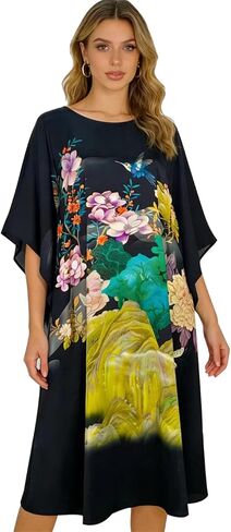 Kwedhongjh Women's 100% Silk Long Sleepwear, Silk Women's Bathrobe, Silk Kimono, Doll Sleeve Long Bathrobe - Flower Pattern in Saudi Arabia