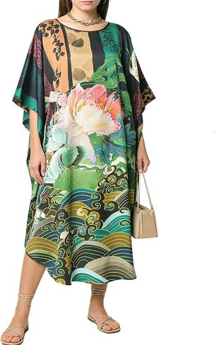 Kwedhongjh Women's 100% Silk Long Sleepwear, Silk Women's Bathrobe, Silk Kimono, Doll Sleeve Long Bathrobe - Flower Pattern in Saudi Arabia