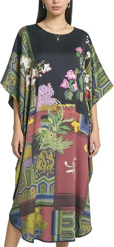 Kwedhongjh Women's 100% Silk Long Sleepwear, Silk Women's Bathrobe, Silk Kimono, Doll Sleeve Long Bathrobe - Flower Pattern in Saudi Arabia