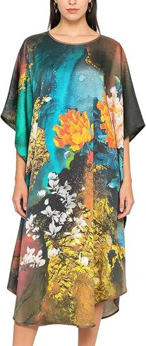 Kwedhongjh Women's 100% Silk Long Sleepwear, Silk Women's Bathrobe, Silk Kimono, Doll Sleeve Long Bathrobe - Flower Pattern in Saudi Arabia
