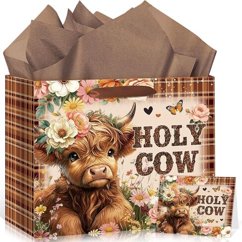 Holy Cow Baby Gift Bag Highland Cow Gift Bag with Handles Tissue Paper and Card Cowgirl Birthday Highland Cows Baby Shower Decorations for Girls Cowgirl Cowboy Newborn New Moms Parents Birthday Decor in Saudi Arabia