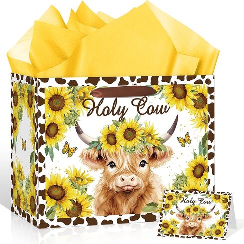Holy Cow Baby Gift Bag Highland Cow Gift Bag with Handles Tissue Paper and Card Cowgirl Birthday Highland Cows Baby Shower Decorations for Girls Cowgirl Cowboy Newborn New Moms Parents Birthday Decor in Saudi Arabia