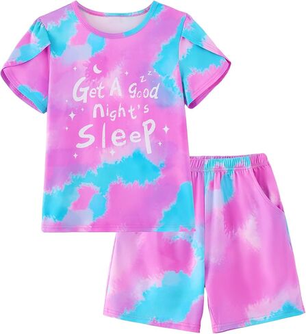 Mikrdoo Girls Pajamas Summer Short Sleeve PJs Set Soft Sleepwear Trendy 2 Piece Loungwear for Big Kids Size 6-16Y in Saudi Arabia