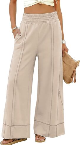 Tanming Womens Wide Leg Pants Casual Elastic High Waisted Palazzo Pant Loose Cotton Sweatpants with Pockets in Saudi Arabia