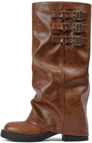 ركب الركبتين عالية الأحذية تسقط طية على أحذية طويلة - دراجة نارية ، سحاب مخفي ، مشبك الموضة ، منصة ، أخمص القدمين المربعة in Kuwait