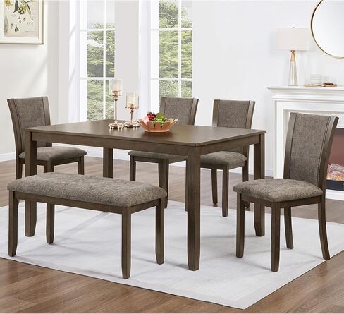 Ball & Cast 6-Piece Dining Table Set with Upholstered Chairs and Bench,Dining Room Table Set for 6, 58.5" Rectangular Wood Kitchen Table & Chairs Set for Living Room,Dining Room,Dark Grey in Kuwait