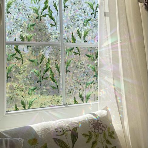 Rainbow Window Privacy Film Stained Glass Handmade Design for Bathroom, Watercolor Flower and Butterfly, 39.37" x 16.92" in Kuwait