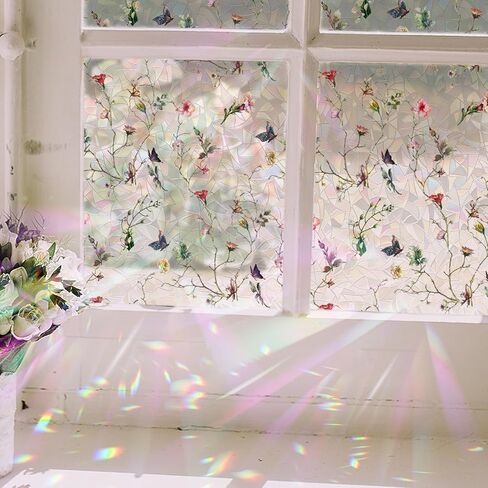 Rainbow Window Privacy Film Stained Glass Handmade Design for Bathroom, Watercolor Flower and Butterfly, 39.37" x 16.92" in Kuwait