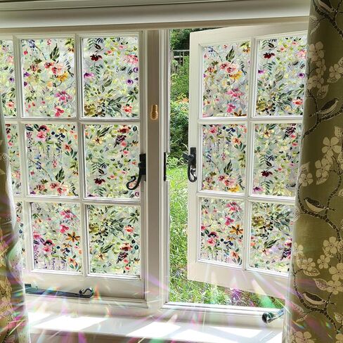 Rainbow Window Privacy Film Stained Glass Handmade Design for Bathroom, Watercolor Flower and Butterfly, 39.37" x 16.92" in Kuwait