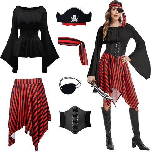Pirate Costume Women Renaissance Shirt Dress with Head Scarf Halloween Pirate Queen Outfit in Saudi Arabia