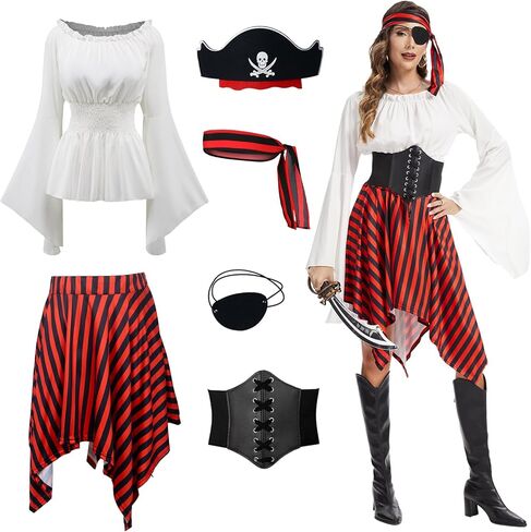 Pirate Costume Women Renaissance Shirt Dress with Head Scarf Halloween Pirate Queen Outfit in Saudi Arabia