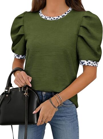 Tankaneo Womens Puff Short Sleeve Tops 2026 Summer Dressy Casual Crew Neck Work Blouses Leopard Loose Fit T Shirt in Kuwait
