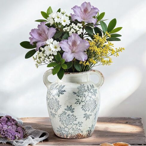 Enra Vintage vase,7.8 Inch Green and Beige Ceramic Decorative Flower vase, Chinoiserie Floral Vase,Large Rustic Vases for Home Decors, Living Room, Bookshelf, Office in Saudi Arabia