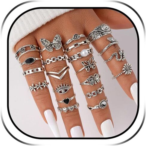 HUASAI Chunky Silver Rings Set Gothic Punk Rings Silver Butterfly Flower Pearl Ring Statement Ring Halloween Jewelry Gifts Trendy in Kuwait