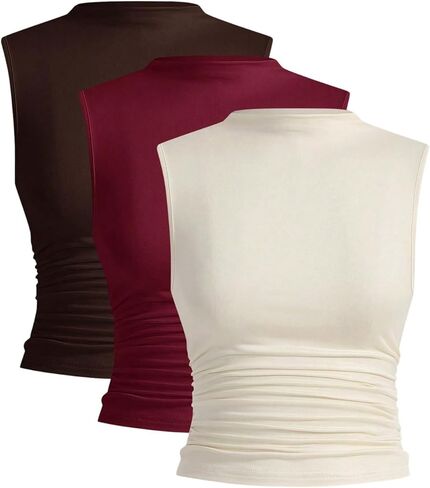 WDIRARA Women's 3 Pack Ruched Mock Neck Tank Top Sleeveless Fitted Tops in Saudi Arabia