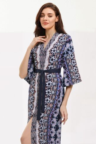 أرواب كيمونو من PRODESIGN للنساء - ملابس نوم طويلة من الشيفون حريري بنقشة الزهور كيمونو، رداء نوم، رداء حمام، بلوزة in Kuwait