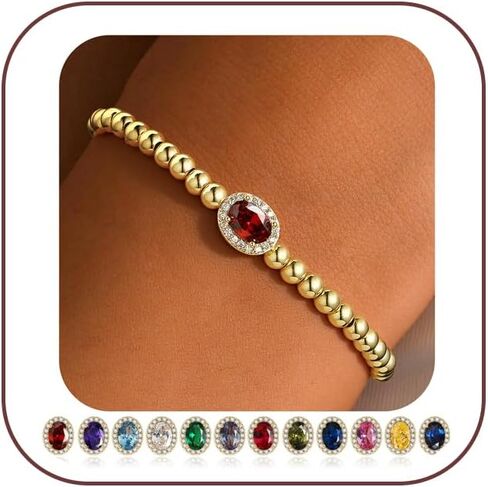 TURANDOSS Valentine's Day Gifts for Women – 14K Gold Plated Oval Charm 12 Months Created Birthstone Beaded Stretch Bracelet Jewelry Valentine's Day Gifts for Wife Girlfriend in Saudi Arabia
