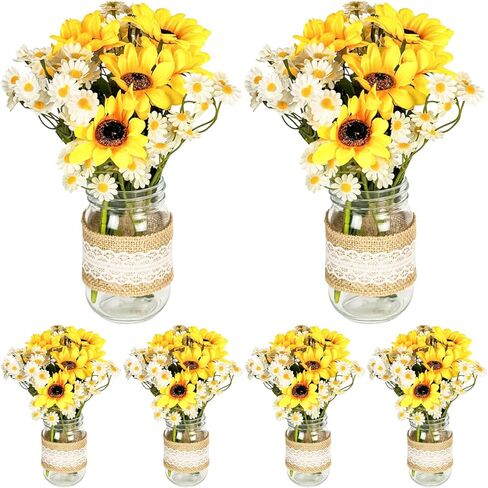 Cinrobiye 6 Sets Mason Jar Table Centerpiece with Eucalyptus Lace Sleeve Hemp Rope Rustic Mason Jar Vases Reception for Engagement Party Bridal Baby Shower Centerpieces Wedding Table Decor (Lace) in Kuwait