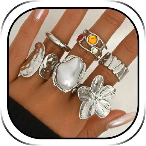 HUASAI Chunky Gold Rings for Women Christmas Gold Flower Chunky Rings Pearl Stackable Statement Butterfly Thumb Retro Ring Set Trendy Christmas Jewelry Gifts in Saudi Arabia