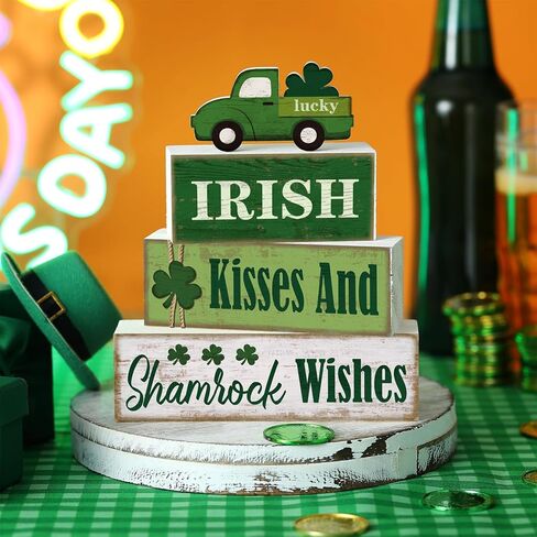 5 Pcs Valentines Day Decoration for Home Reversible Valentine St. Patrick's Table Centerpiece Heart Shamrock Wooden Sign Decor Double Side Heart Irish Tiered Tray Decor for Home Table Shelf in Saudi Arabia
