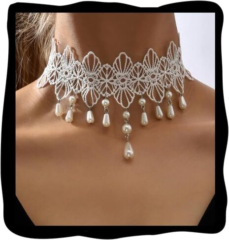 Lace Choker Necklace for Women White Lace Tassel Pendant Choker Necklaces Elegant Boho Collar Necklaces Statement Artistic Chain Necklace with Pearl Halloween Party Cosplay Costume Jewelry in Saudi Arabia